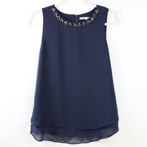 Shimmer and Sophistication: Violet + Claire Dark Blue Sleeveless Blouse with Gem